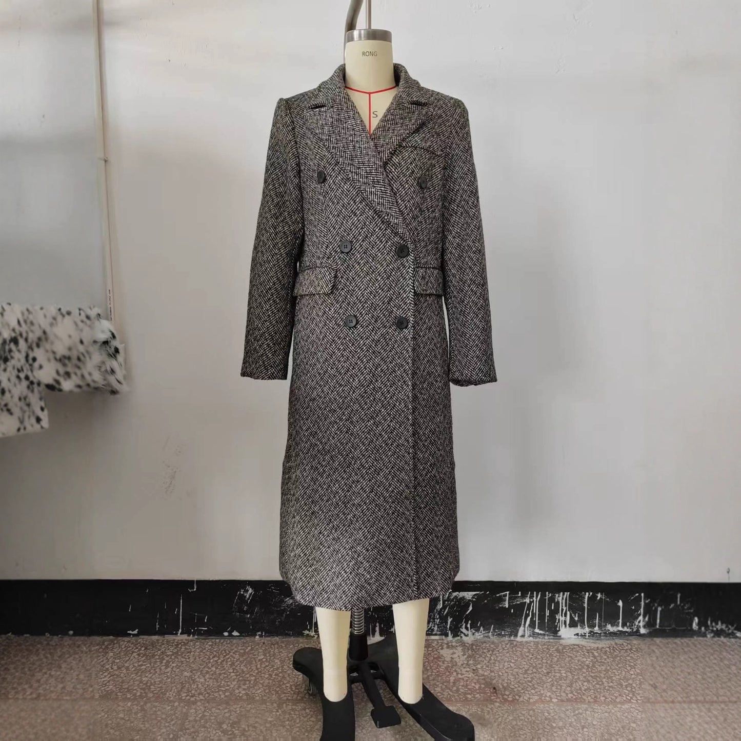 Manteau Long en Laine à Chevrons pour Femme – Style British et Coupe Ample