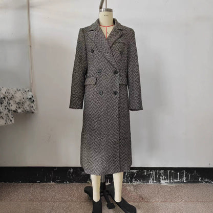 Manteau Long en Laine à Chevrons pour Femme – Style British et Coupe Ample