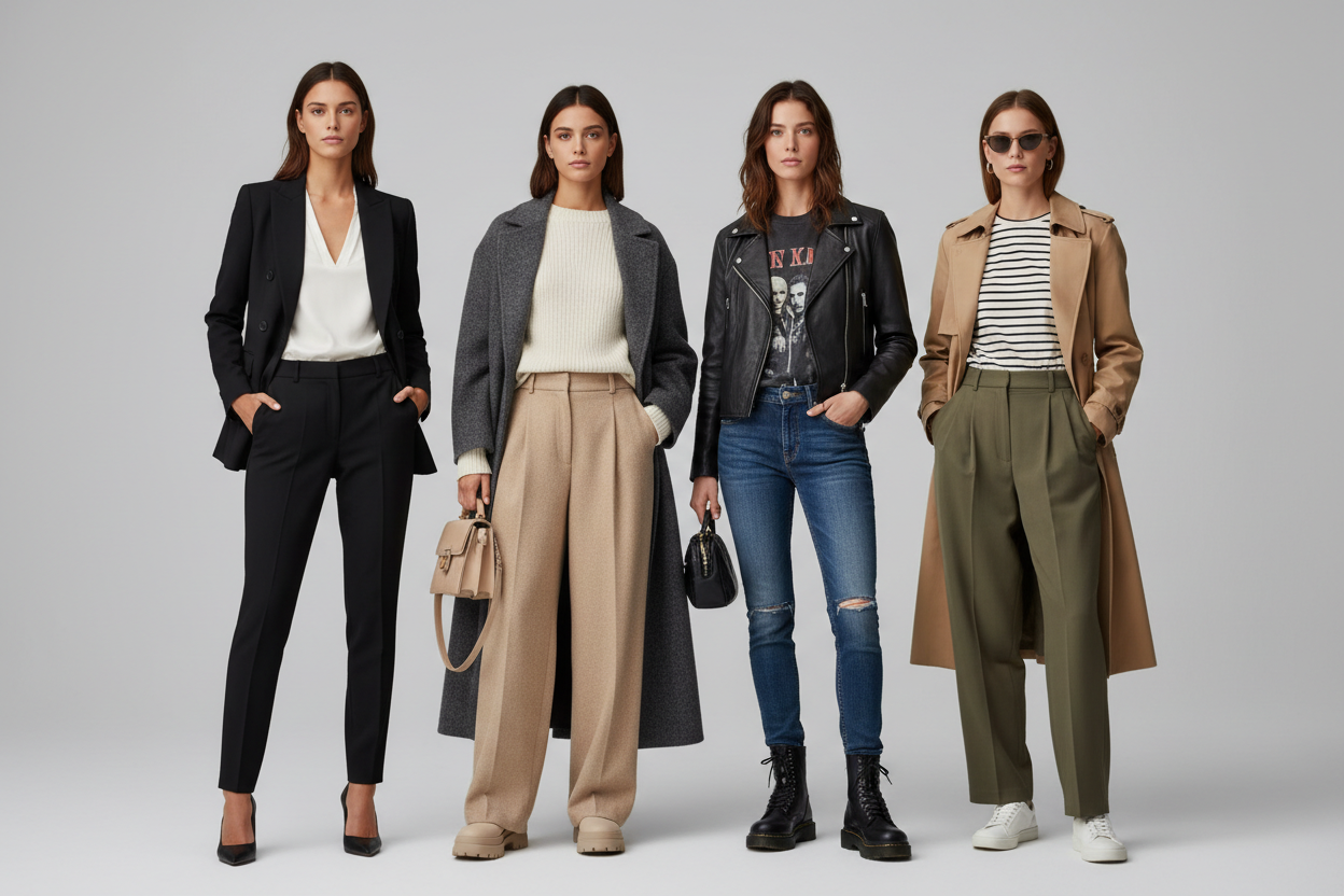 4 FEMME AVEC DES PANTALANT VARIANT ET VESTES ET MANTEAUX 