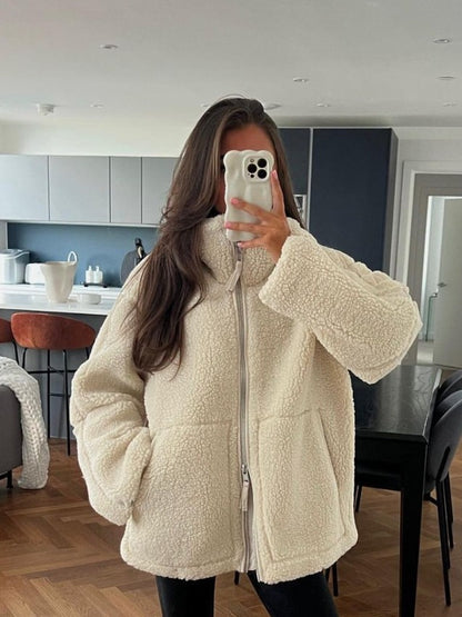 Manteau d’hiver pour femme en laine d’agneau, col roulé