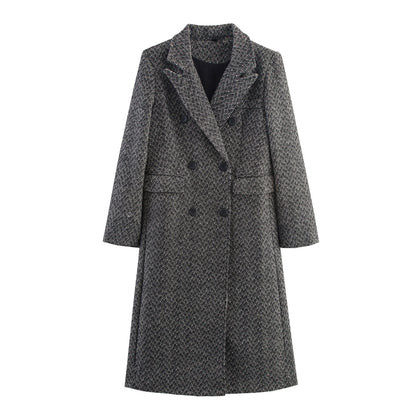 Manteau Long en Laine à Chevrons pour Femme – Style British et Coupe Ample