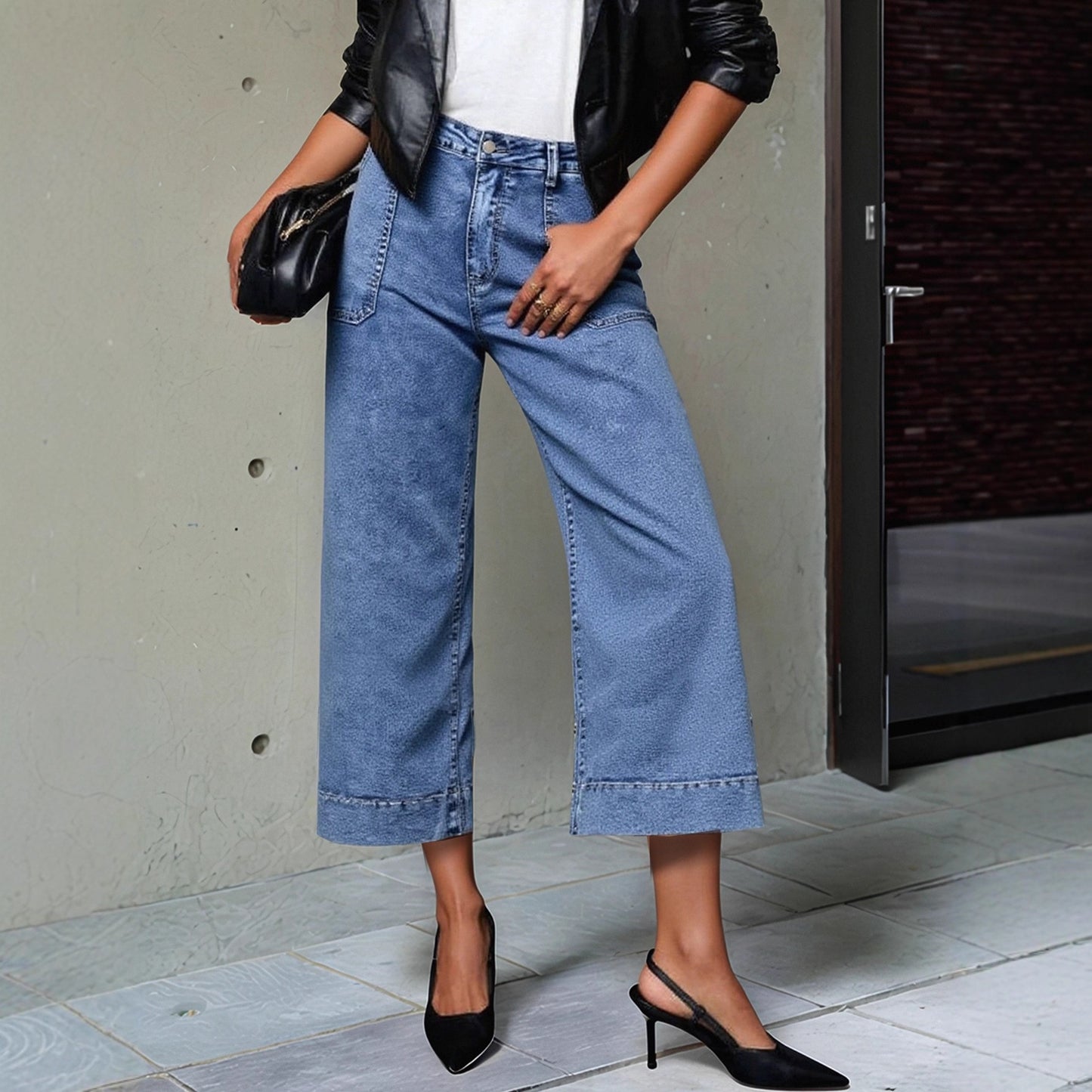 Pantalon court à jambe droite et large, style français, effet affinant