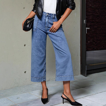 Pantalon court à jambe droite et large, style français, effet affinant