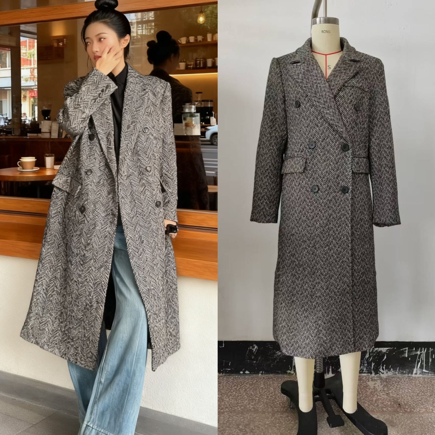 Manteau Long en Laine à Chevrons pour Femme – Style British et Coupe Ample