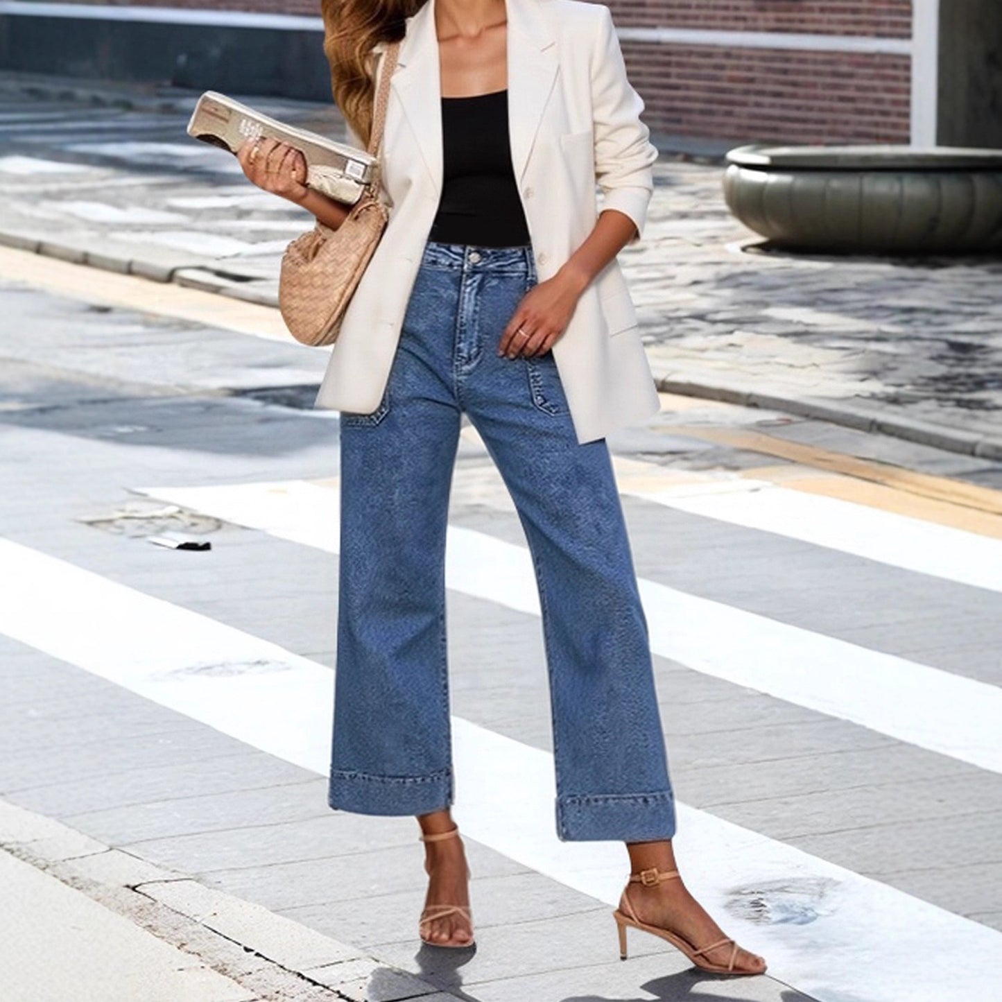Pantalon court à jambe droite et large, style français, effet affinant