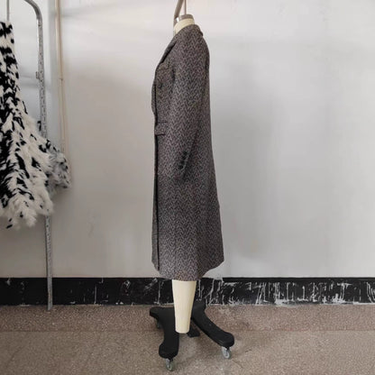 Manteau Long en Laine à Chevrons pour Femme – Style British et Coupe Ample