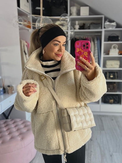 Manteau d’hiver pour femme en laine d’agneau, col roulé