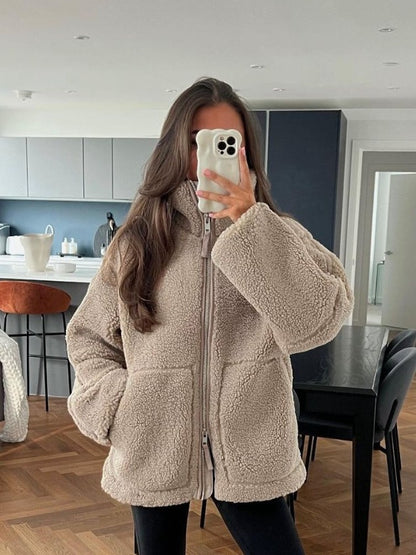 Manteau d’hiver pour femme en laine d’agneau, col roulé