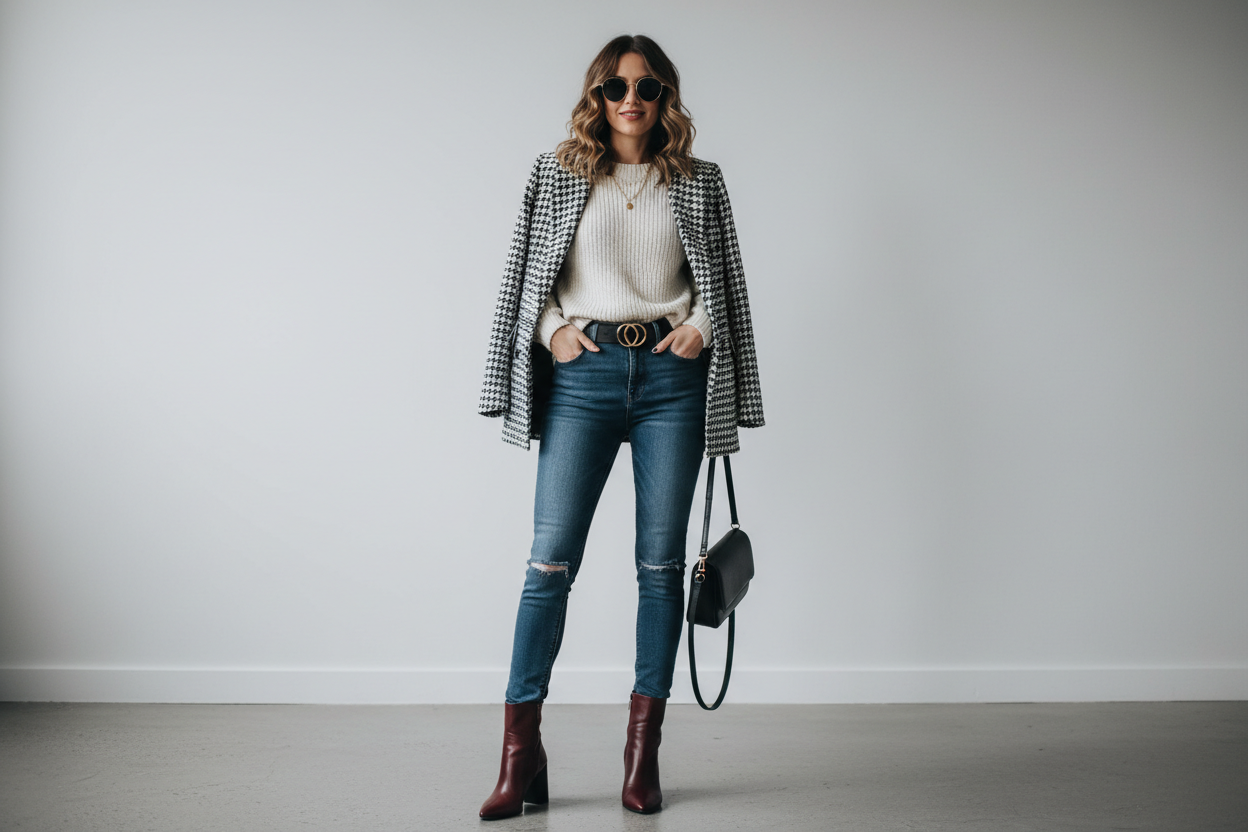 UNE FEMME AVEC UN JEANS ET BOUTINNES 